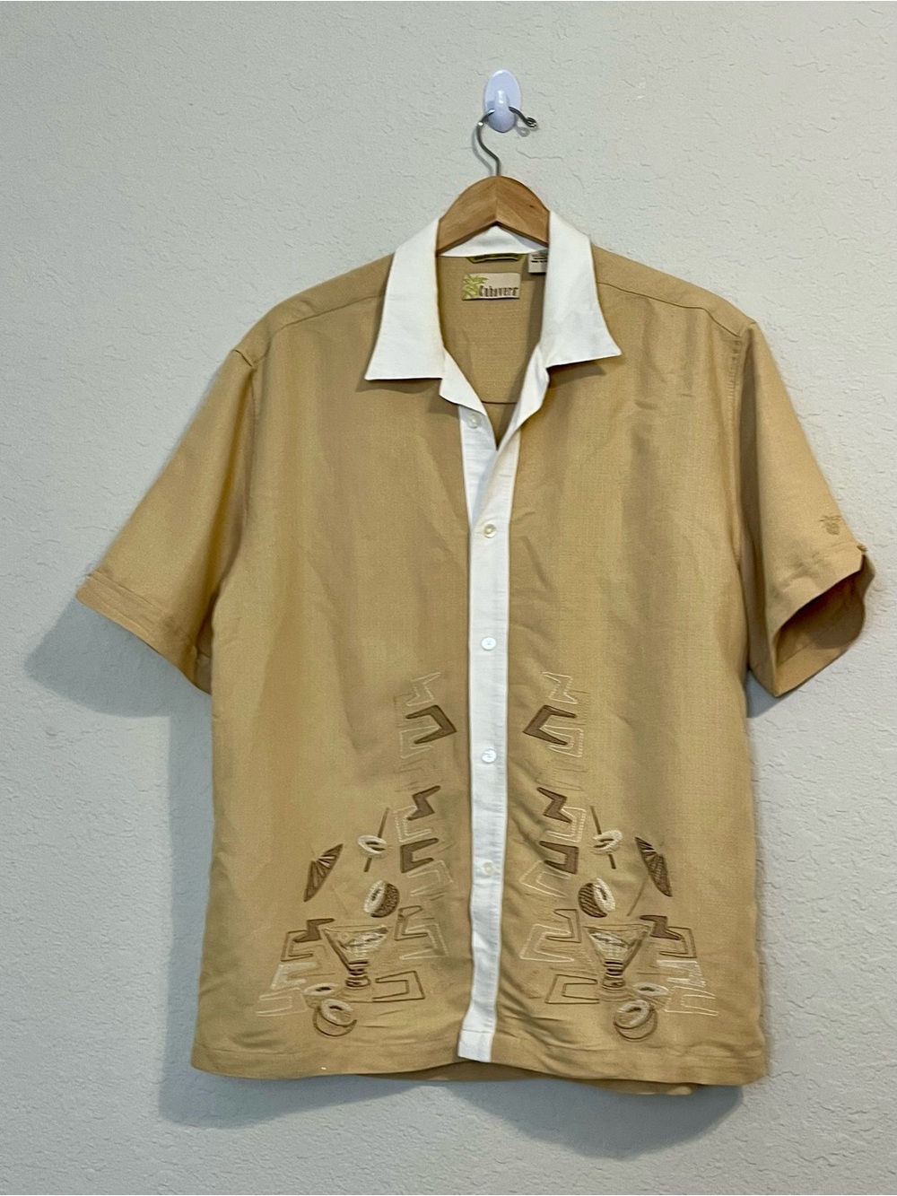 Cubavera Shirt Mens Large Tan Embroidered Martini Cocktail Retro Lounge Y2K